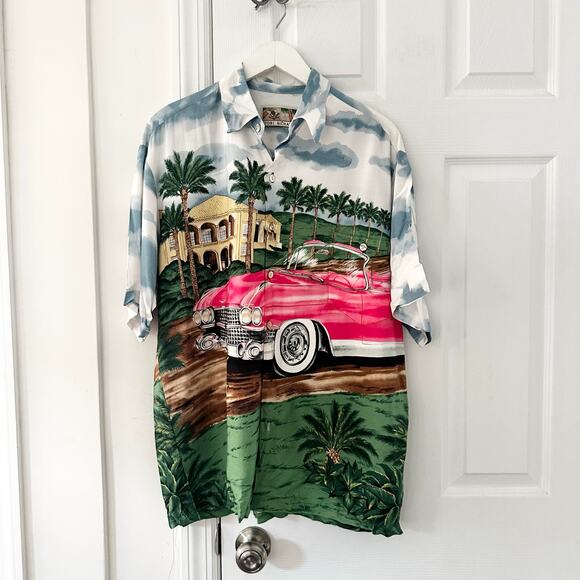 Tori Richards Vintage Hawaii Front Back Graphic Pink Cadillac Convertible Shirt - Picture 2 of 11